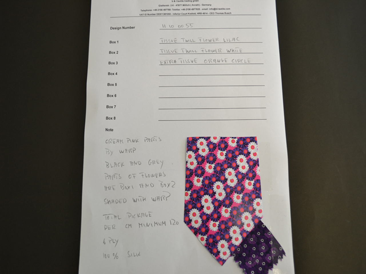 design sheet with artwork and technical instruction